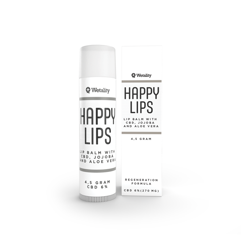 Wetality Happy Lips Balm - 6% CBD, with jojoba oil, beeswax, and aloe vera to nourish, moisturize, and protect your lips.
