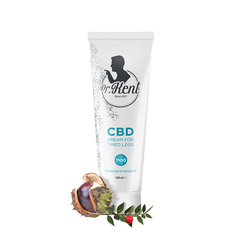 DR. Kent CBD Cream for Tired Legs - 100 ml tube with 1100 mg CBD, horse chestnut extract, and natural ingredients for relief and circulation.