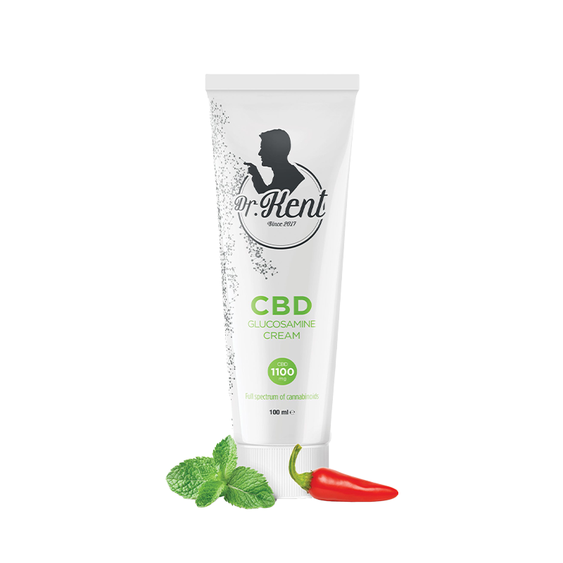 DR. Kent CBD Glucosamine Cream - 100 ml tube with 1100 mg CBD, glucosamine, and natural ingredients for joint and back relief.