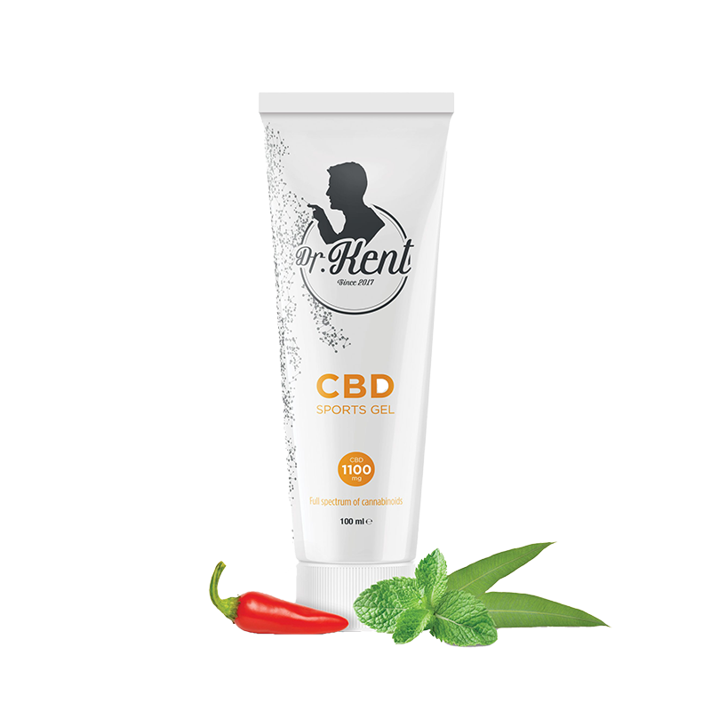 DR. Kent CBD Sports Gel - 100 ml tube with 1100 mg CBD, menthol, eucalyptus, and hot pepper extract for muscle and joint relief.